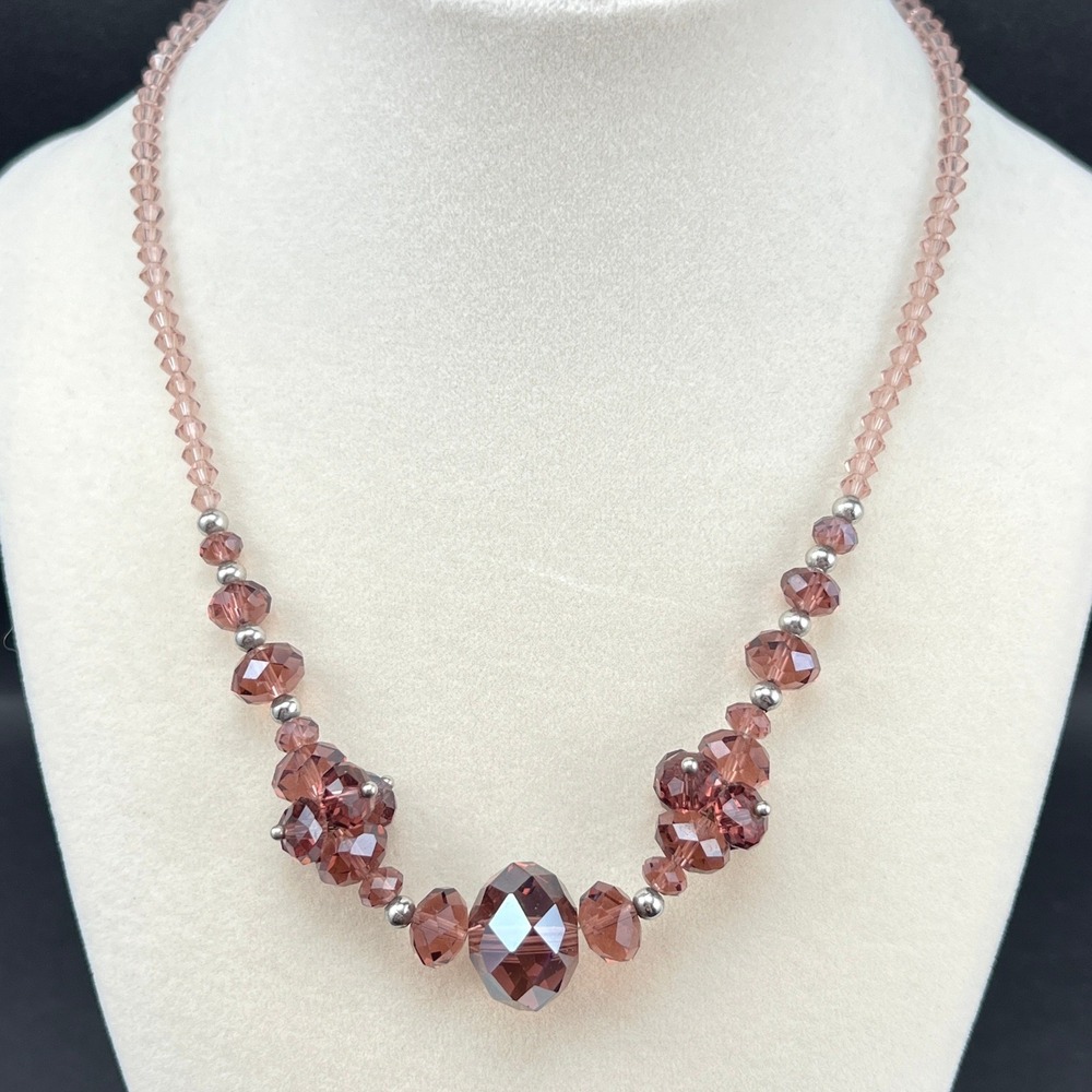 Beaded Crystal Necklace Pink Faceted Crystal Beads Toggle Clasp 17"
